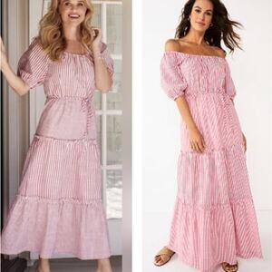 DRAPER JAMES Dress Medium Striped Off Shoulder Tiered Prairie Maxi Puff Sleeve